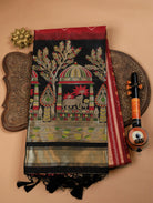 Brick Red Semi Raw Silk Saree with Ikat Weave & Floral Zari Border
