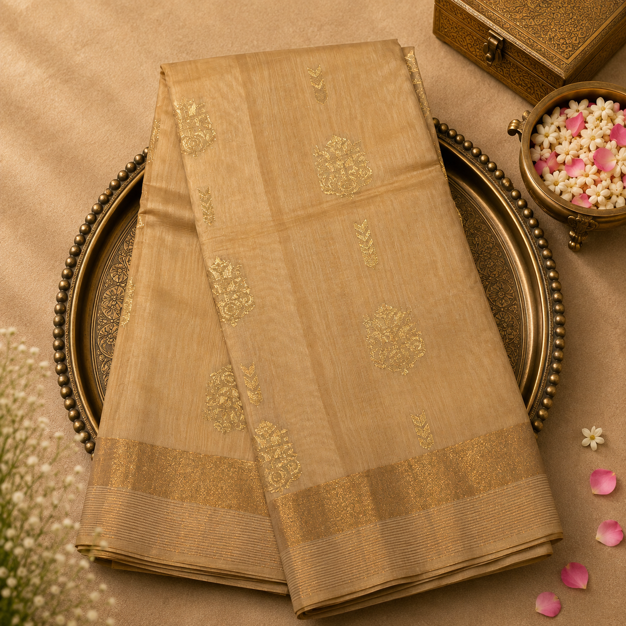 Beige Pure Silk Cotton Saree with Gold Zari Motifs
