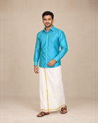 Dark Teal Green Plain Raw Silk Shirt