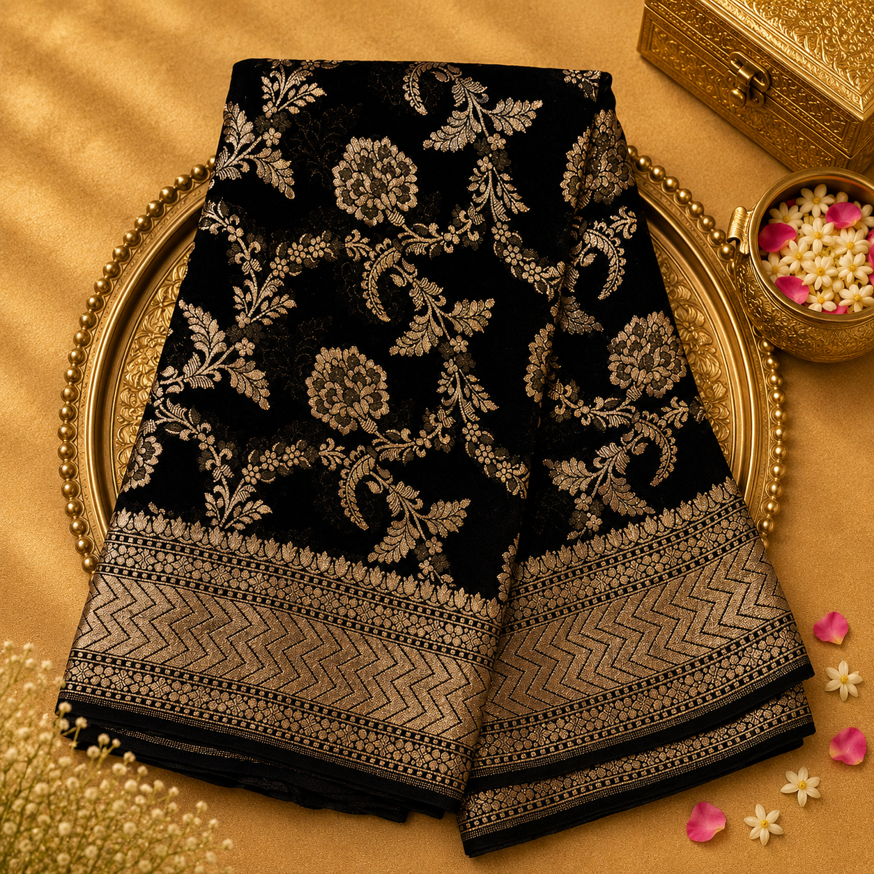 Black Pure Banarasi Georgette Saree with Silver Zari Jaal & Plain Zari Blouse