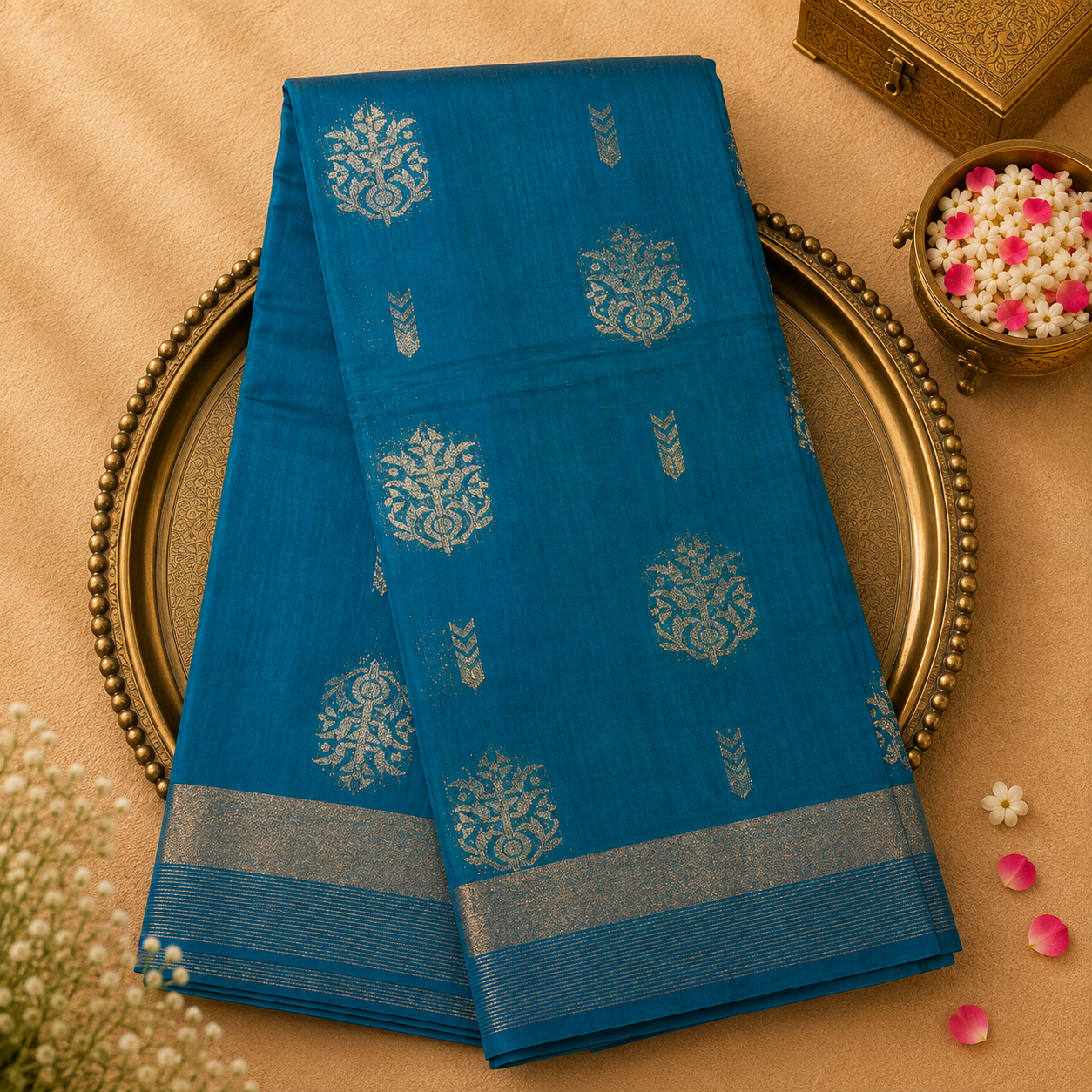 Peacock Blue Pure Silk Cotton Saree with Gold Zari Motifs