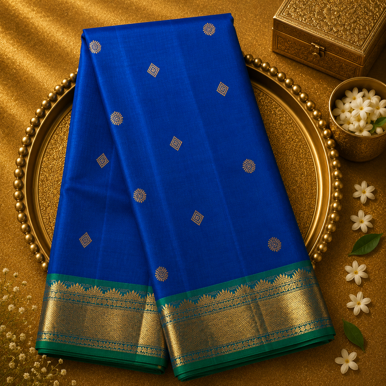 Ink Blue Kanjeevaram Silk Saree with Zari Buttas, Green-Gold Border & Blouse