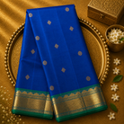 Ink Blue Kanjeevaram Silk Saree with Zari Buttas, Green-Gold Border & Blouse