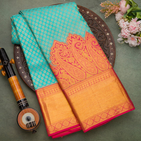 Aqua Blue Pure Kanjeevaram Brocade Silk Saree