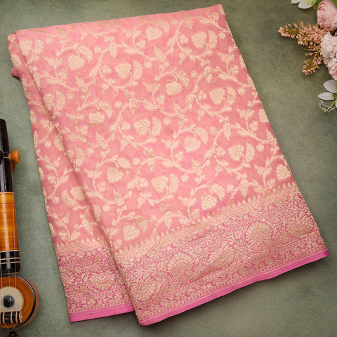 Peach Pure Banaras Kadi Georgette
