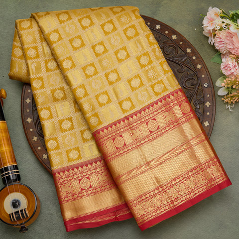 yellow with red colour combination tissue silk saree