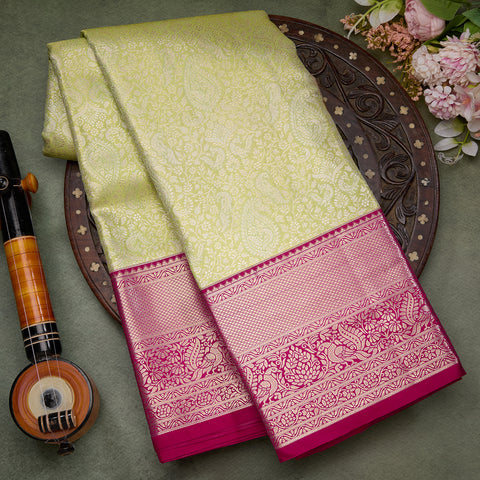Pista Green with Pink constract Kanjeevaram Brocade Silk Saree