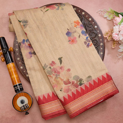 Beige Printed Semi Tussar Silk Saree