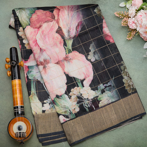 Black Tussar Printed Silk Saree