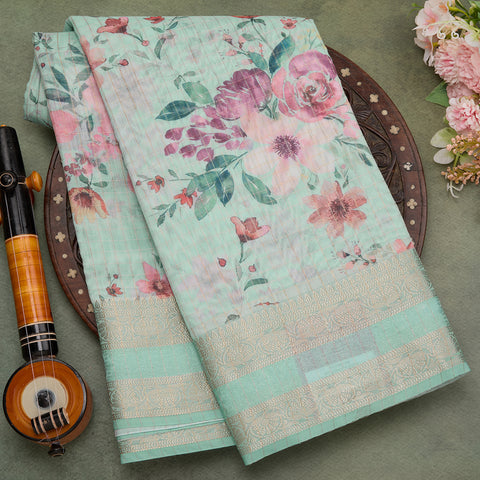 aqua blue muga cotton printed saree