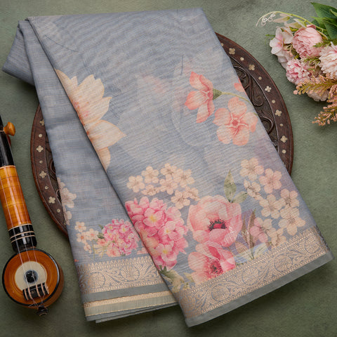 Light Grey printed tussar saree