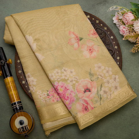 Lemon Yellow printed tussar saree