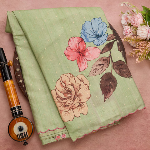 Olive Green printed tussar saree