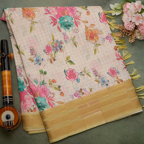 Off White printed tussar saree