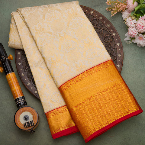 Ivory Pure Kanjeevaram Brocade Silk Saree