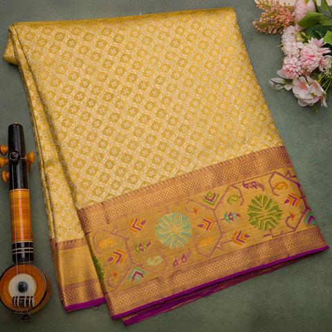 Golden Pure Kanjeevaram Brocade Silk Saree