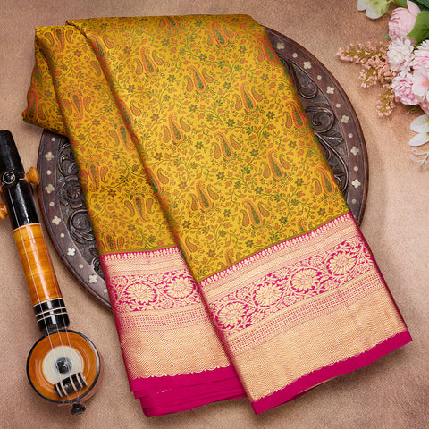 Bright Yellow with Pink Kanjeevaram Designer Silk Saree