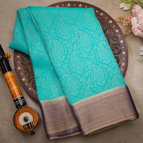 Aqua Blue Pure Mysore Brocade Silk Saree