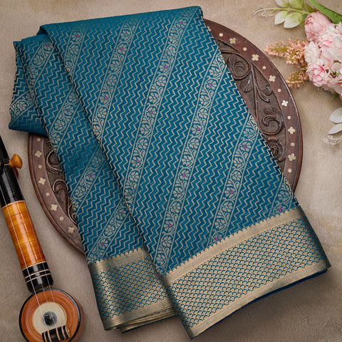 Peacock Blue Pure Mysore Brocade Silk Saree