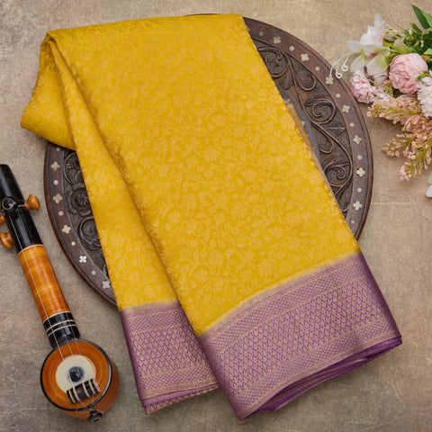 Yellow Pure Mysore Crepe Brocade Silk Saree