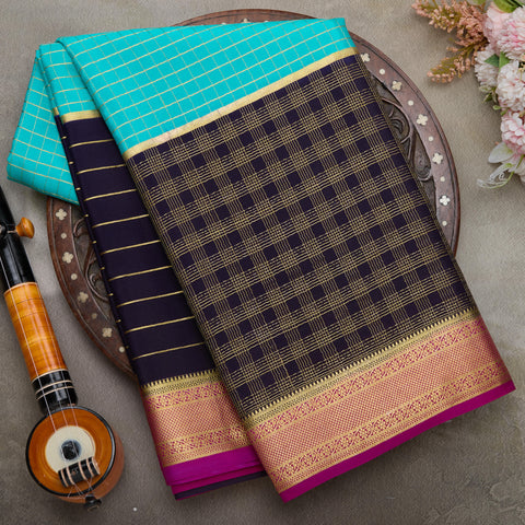 Blue with Contrast Navy Blue 3D Mysore Silk Saree
