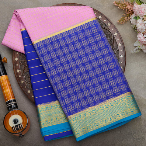 Pink with Royal Blue Pure 3D Mysore Silk Saree