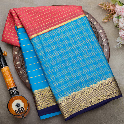 Coral with Blue Pure 3D Mysore Silk Saree