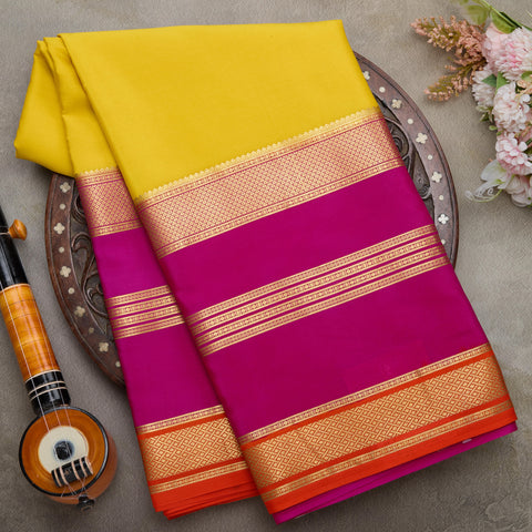 Bright Yellow with Pink Pure 3D Mysore Silk Saree
