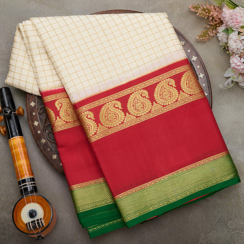 Cream with Red Pure 3D Mysore Silk Saree