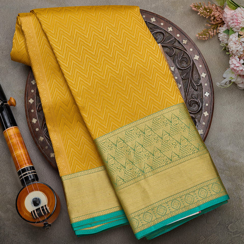 Mustard Yellow with blue Kanjeevaram Silk Saree