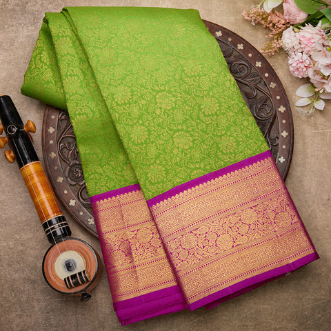 Parrot Green with Magenta Pink Pure Handloom Kanjeevaram Brocade Silk Saree