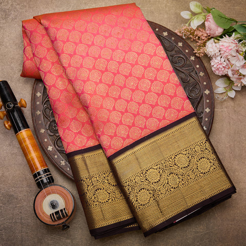 Peachy Pink with Brown Pure Handloom Kanjeevaram Brocade Silk Saree