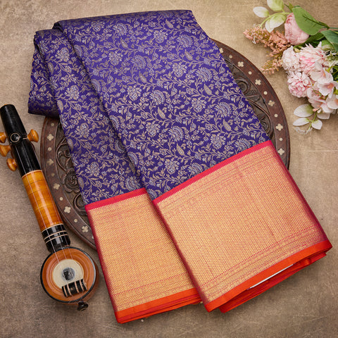 Royal Blue with Orange Pure Handloom Kanjeevaram Brocade Silk Saree
