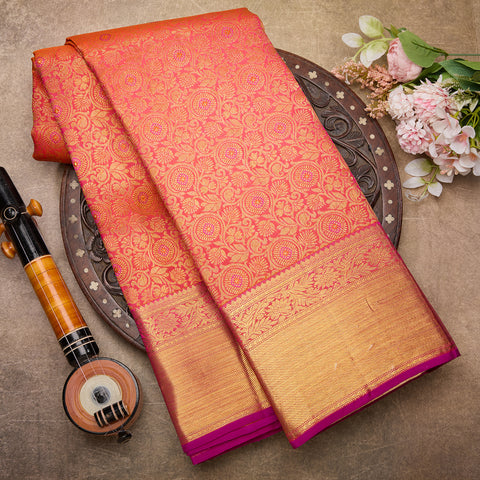 Peach Pure Handloom Kanjeevaram Brocade Silk Saree