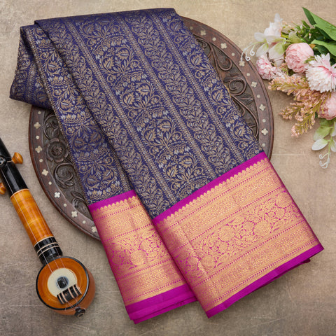 Navy Blue Pure Kanjeevaram Brocade Silk Saree