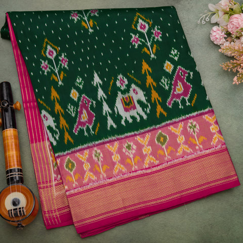 Bottle Green Ikat Silk Saree