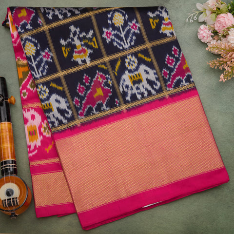 Navy Blue Ikat Silk Saree