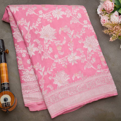 Baby Pink Pure Banaras Kadi Georgette Saree
