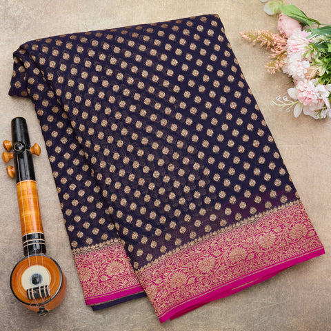 Navy Blue Pure Banarasi Kadi Georgette Silk Saree
