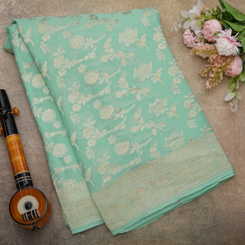 Aqua Green Pure Banarasi Kadi Georgette Brocade Saree