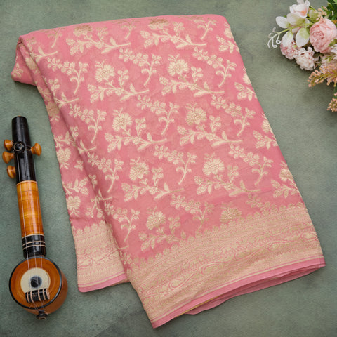 Pale Peach Pure Banarasi Kadi Georgette Brocade Saree
