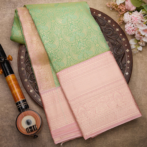 Pastel Pista Green with Pink Silk Saree