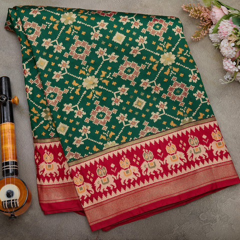 Green with Pink Semi-Patola Silk Saree