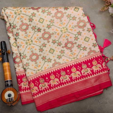 Cream with Pink Semi-Patola Silk Saree