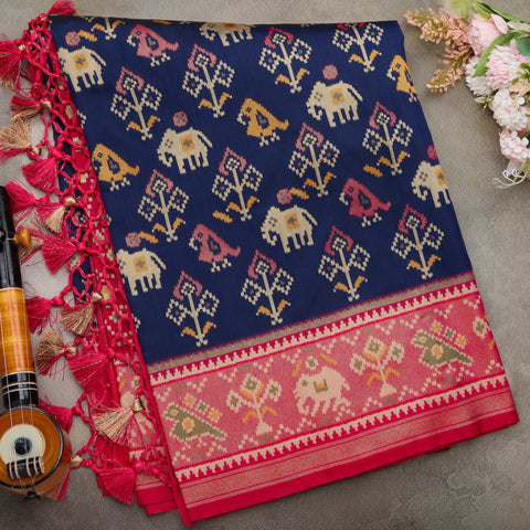 Navy Blue With Pink Semi-Patola Silk Saree