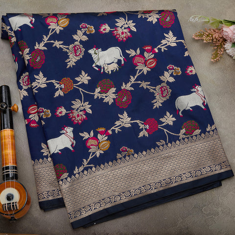 Navy Blue Semi-Banarasi Silk Saree