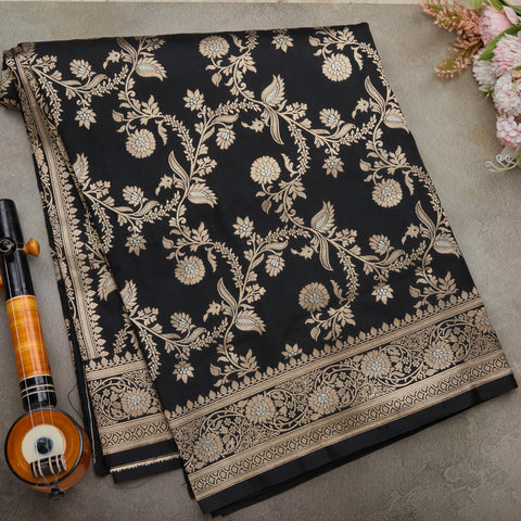 Black Semi-Banarasi Silk Saree