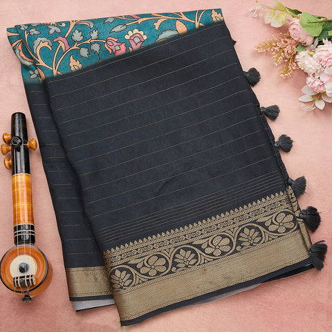 Peacock Blue Semi-Tussar Kalamkari Printed Saree