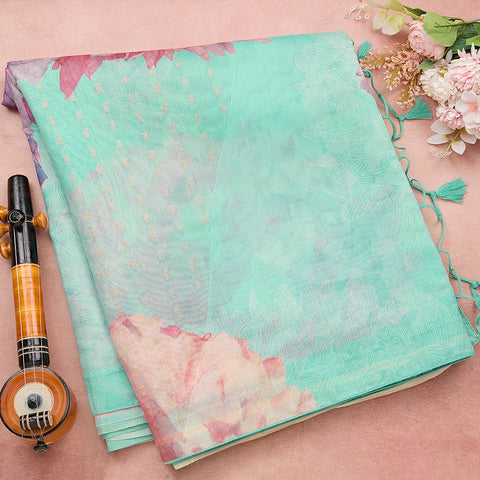 Sea-Green Cotton Silk Printed Saree