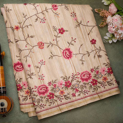 Cream Semi-Tussar Embroidary Saree